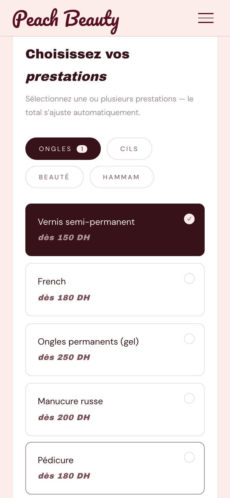 Le choix des prestations, avec les prix
