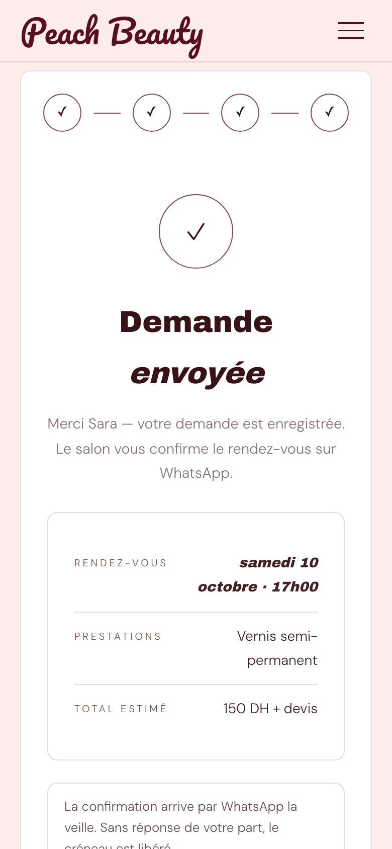 La confirmation que la demande est envoyée