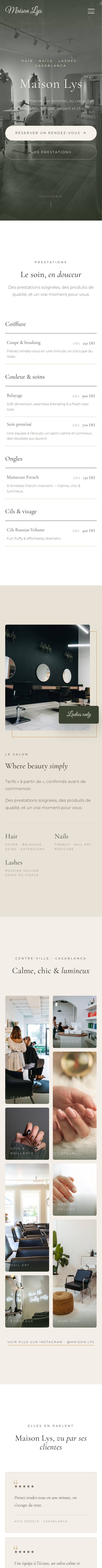 Le site d'un salon de coiffure, derrière la porte : la photo du salon puis ses prestations